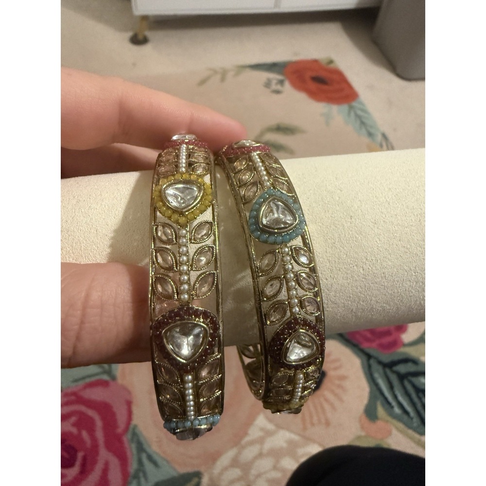 Kundan Bangle Set Gold Tone‎ Multi Color Stone Pearl Indian Bridal Jewelry Pair
